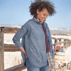 Sundance Valeria Nautical Classic Marled Blue 3/4 Ribbed Sleeve Sweater NEW